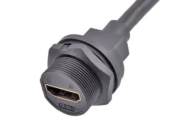 HDMI Female Back Panel Mount Receptacle to R/A Male  Cable(Threaded)}