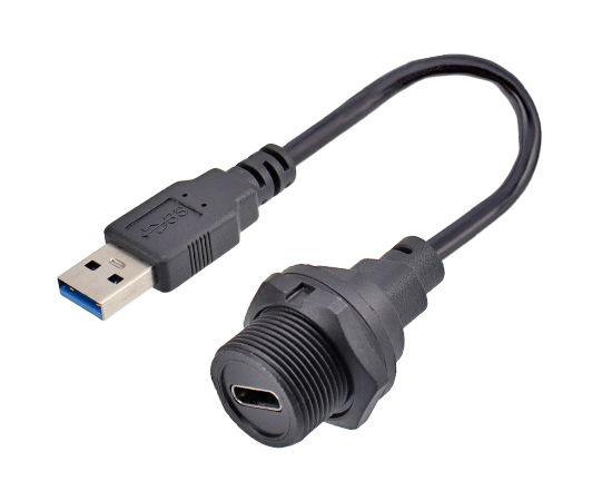 TYPE-C Female Back mount Receptacle to USB Male Overmolded  Cable(Threaded)}